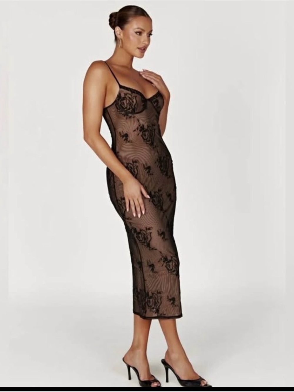 Meshki Black Sheer Floral Midi Slip Dress